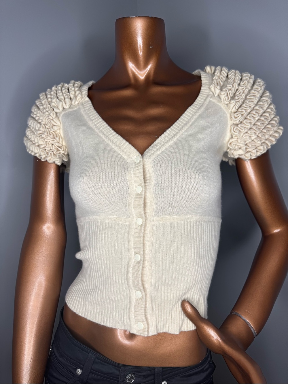 Catherine Malandrino Cream V-Neck Buttoned Knit Top with Textured Puff Sleeves